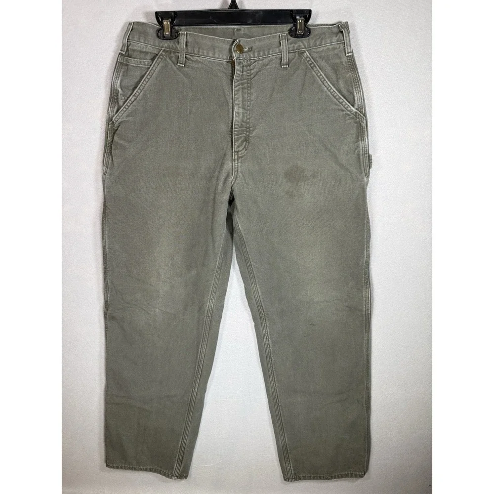 Carhartt Men's Carpenter Pants Flannel Lined Green Workwear Size 36x32 B111 MOS